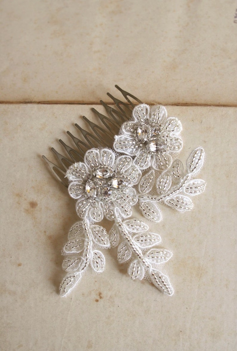 Silver Crystal Lace Bridal Comb Small Floral Comb Beaded Lace Bridal Accessory SALE Lace Headpiece Wedding Hairpiece