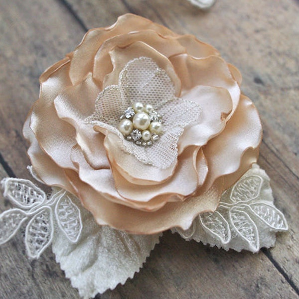 Champagne Bridal Hair Accessory, Champagne Flower Clip,  Bridal Hair Piece, Champagne Flower Clip, Ivory, Lace, Pearls, Wedding Accessories