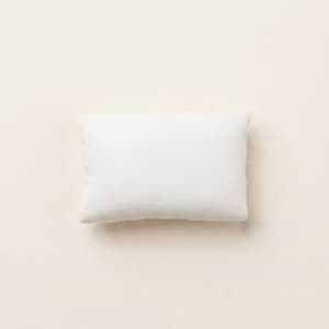 May include: A small, rectangular, solid white pillow with a smooth, matte fabric finish. The pillow has rounded corners and a soft, plush appearance, featuring a simple, clean design with no patterns, textures, or additional decorative elements.