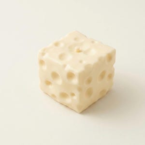 May include: A cream-colored candle shaped like a cube of Swiss cheese, featuring numerous holes of varying sizes. The candle has a smooth surface and a small wick on top, set against a plain white background.