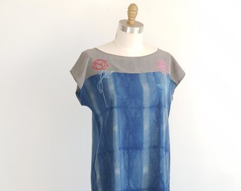 Hand Embroidered organic dye Dress Indigo & Soot ink Small/medium.  Rose embroidered, hand dyed and hand tailored dress