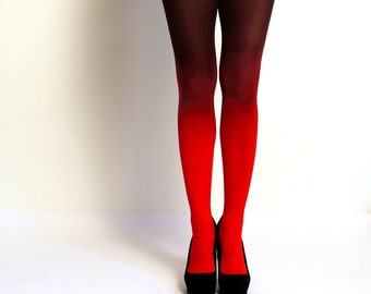 Ombre tights Fire Red and Black.   - hand dyed opaque tights.