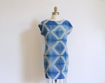 Silk mini Dress natural dye Indigo.  Shibori pattern silk dress DIAMOND Made to order