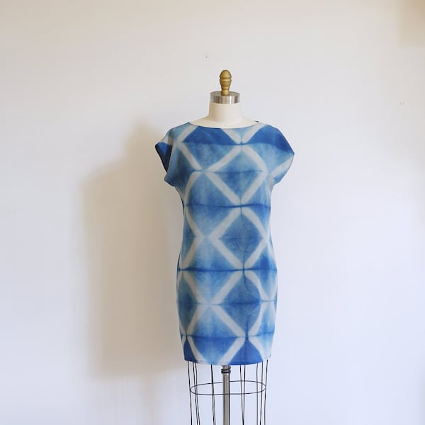 Silk mini Dress natural dye Indigo.  Shibori pattern silk dress DIAMOND Made to order