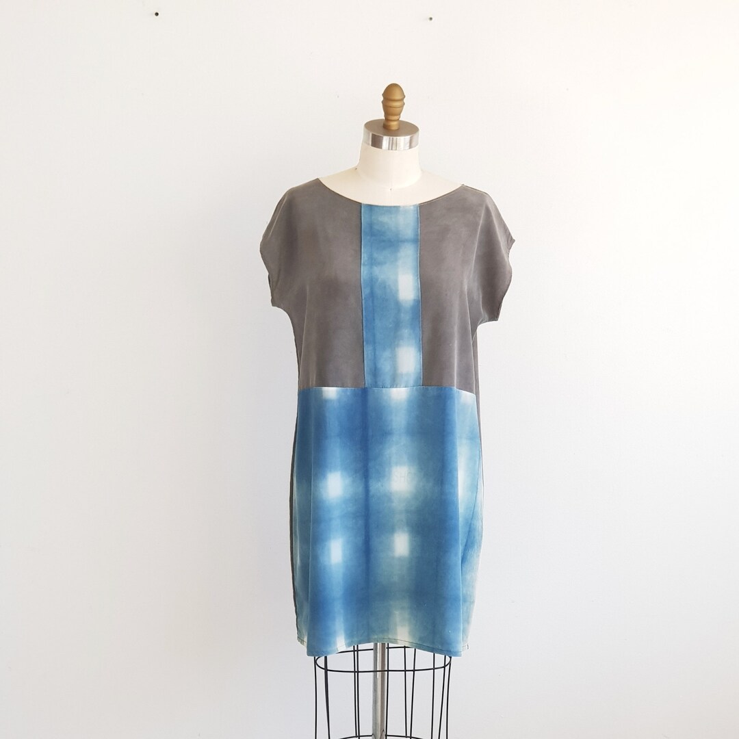 PLAID silk DRESS Indigo Shibori organic dye dress Medium main image 0