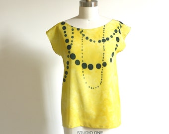 silk hand painted blouse.  INK BEADS on Lemon.  made to order. Custom tailored silk top, tshirt, top.