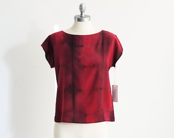 Silk blouse, top.  Hand dyed Red Plaid Shibori silk tee. Made to order