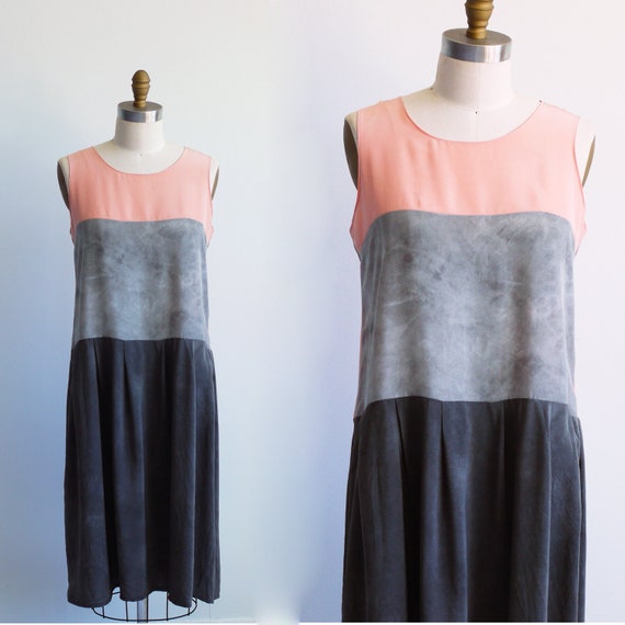 Natural dye silk dress. Botanical dye color block midi dress. Etsy