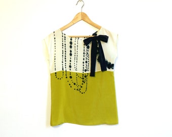 hand painted SILK top.  INK BEADS on cream and chartreuse.