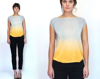 Ombre Silk blouse.  Sunrise hand dyed Silver and Apricot ombre pastel spring blouse gradient summer top silk tee silk blouse grey orange