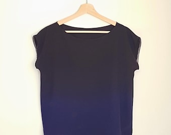 Hand Dyed, Ombre Silk Tee Black to Dark Navy. Hand tailored pure silk shirt.  Medium. Ready to ship