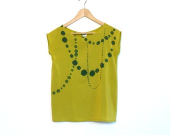 silk hand painted blouse.  INK BEADS on chartreuse.  made to order Custom tailored silk shirt, blouse, made to measure silk tee shirt tshirt