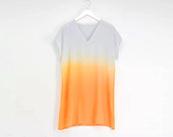Sunrise Ombre V neck dress or tunic.  Hand dyed silk dress.  Made to Order.  Custom sized.  Gradient apricot orange gray silk dress