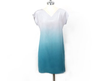 Auqa Ombre Dress.  Hand dyed Silk Dress.  Made to Order, Mini dress.  Gradient dress.  Teal and grey silk dress