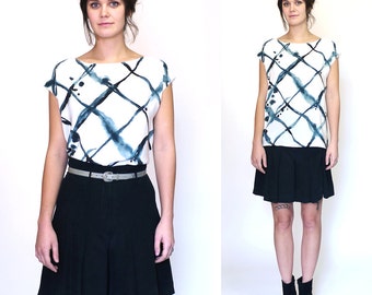 Hand painted silk top.  WIRE FENCE Made to order. Abstract minimal pattern silk tshirt. calligraphic brush strokes. custom tailored