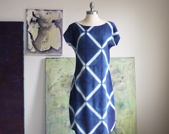 Silk dress natural dye Indigo.  Shibori pattern silk dress DIAMOND Made to order