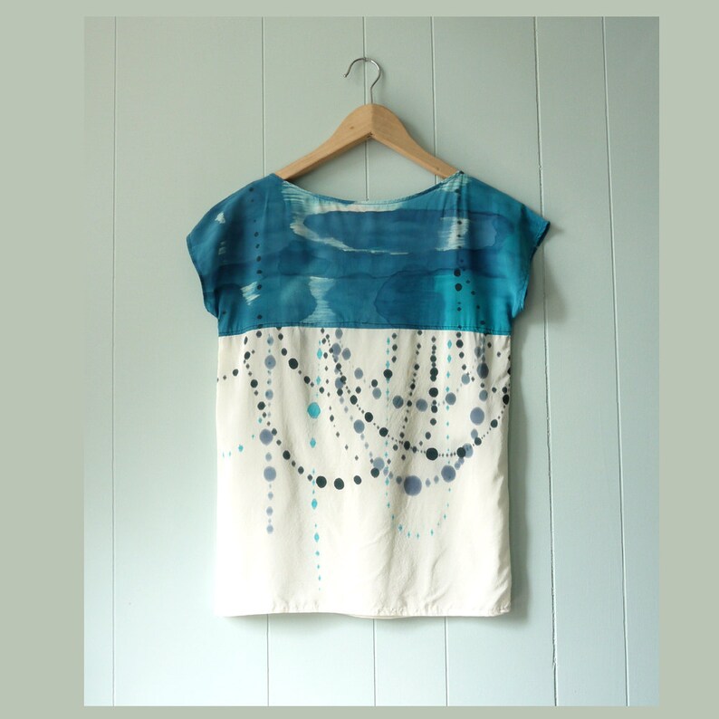 silk hand painted shirt. INDIGO IKAT DOT made to order blouse Custom sizing image 3