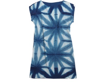 Indigo Shibori Silk Dress, Natural Dye A-Line Sack Style (Made to Order)