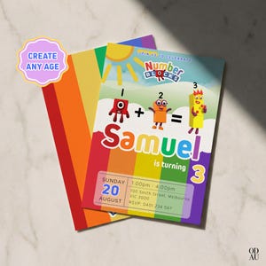 May include: A colorful birthday invitation featuring the Number Blocks characters. The invitation includes the name "Samuel" and the age "3", with the text "Join us to celebrate". The invitation has a rainbow background.