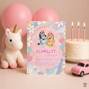 May include: A birthday party scene with a plush unicorn, pink balloons, a cake with candles, and a pink toy car. A birthday invitation features cartoon characters and the text "Scarlett is turning 3."