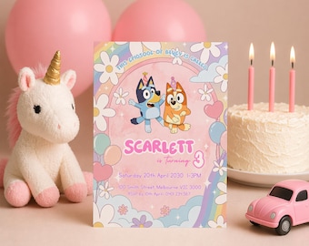 May include: A birthday party scene with a plush unicorn, pink balloons, a cake with candles, and a pink toy car. A birthday invitation features cartoon characters and the text "Scarlett is turning 3."