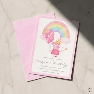 May include: Pink birthday invitation with a watercolor illustration of a pig wearing a crown, holding balloons, and a magic wand, with a rainbow in the background. The text reads "Avery's 2nd Birthday". Includes a pink envelope.