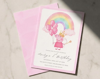 Pink Pig Birthday Invitation Template Editable Canva (Digital Download)