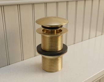 Brushed Brass Pop Up Sink Drain Stopper, Gold Click Clack Bathroom Basin Drain, Moroccan Inspired Solid Brass Bath Hardware