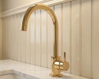 Brass Bar Sink Faucet, Polished Gooseneck Prep Faucet, Unlacquered Brass Single Handle Kitchen Tap, Handmade Vintage Farmhouse Bar Faucet