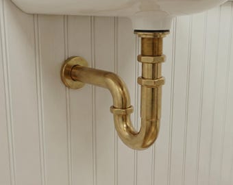 Unlacquered Brass P-Trap, Exposed Solid Brass Sink Drain Kit, Vintage Bathroom Plumbing, Pedestal Sink Trap, Handcrafted Brass Pipe