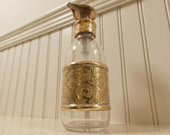Vintage Brass Glass Soap Dispenser, Moroccan Arabesque Pump Bottle, Decorative Bathroom Lotion Dispenser, Embossed Brass Collar Refillable
