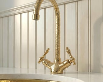Ornate Brass Bathroom Faucet, Hand Engraved Floral Tap, Unlacquered Brass Lever Handle Sink Faucet, Handmade Moroccan Luxury Vanity Tap