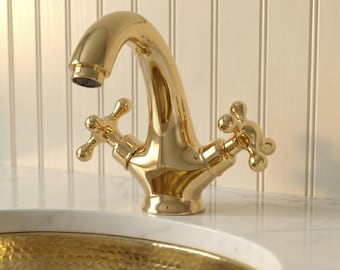 Single Hole Brass Bathroom Faucet, Cross Handle Vintage Tap, Unlacquered Brass Vanity Faucet, Handmade Compact Cottage Sink Faucet