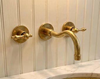Wall Mount Brass Faucet, Swan Neck Bathroom Faucet, Antique Brass Lever Handles, Unlacquered Brass Vintage Wall Tap, Handmade Morocco