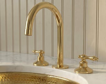 Unlacquered Brass Bathroom Faucet, Widespread 3 Hole Gooseneck Sink Faucet, Polished Brass Lever Handles, Handmade Vintage Tap