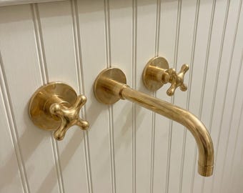 Wall Mount Brass Bathroom Faucet, Aged Unlacquered Brass Cross Handle Set, Vintage 3 Piece Wall Tap, Handmade Farmhouse Sink Faucet