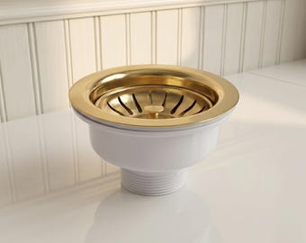 Polished Brass Kitchen Sink Strainer, Gold Basket Drain Assembly 3.5 Inch, Modern Brass Kitchen Hardware, Moroccan Inspired Sink Drain