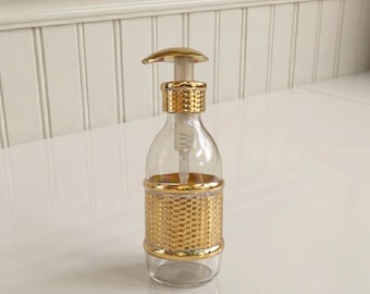 Gold Honeycomb Glass Soap Dispenser, Decorative Brass Lotion Pump Bottle, Moroccan Inspired Bathroom Decor, Vintage Glass Vanity Dispenser
