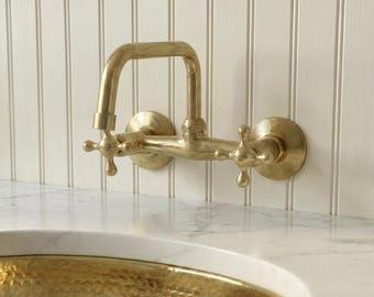 Wall Mount Brass Bathroom Faucet, Unlacquered Brass Bridge Faucet, Cross Handle Vintage Wall Tap, Handmade Farmhouse Sink Faucet