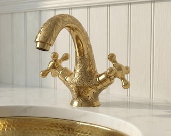 Engraved Brass Bathroom Faucet, Ornate Floral Single Hole Tap, Victorian Unlacquered Brass Sink Faucet, Handmade Moroccan Luxury Vanity