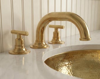 Brushed Brass Bathroom Faucet, Unlacquered Gooseneck Tap, Artisan Patina Sink Faucet, Handmade Moroccan Farmhouse Brass Vanity Faucet
