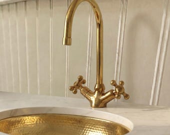 Tall Gooseneck Brass Bathroom Faucet, Cross Handle Single Hole Tap, Unlacquered Brass Vintage Sink Faucet, Handmade Moroccan Vanity