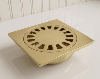 Brushed Brass Square Shower Drain, Gold Sunburst Floor Drain Cover, Modern Brass Bathroom Hardware, Moroccan Inspired Tile Drain