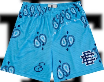 EE Inspired Mesh Shorts, Blue Paisley Athletic Shorts, Streetwear Basketball Shorts, Lightweight Gym Shorts for Men, Summer Sport Shorts