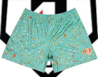 Baseball Lifestyle 101 Neon Paint Splatter Shorts, Yellow Graphic Mesh Shorts, Streetwear Athletic Shorts for Men, Summer Gym Shorts