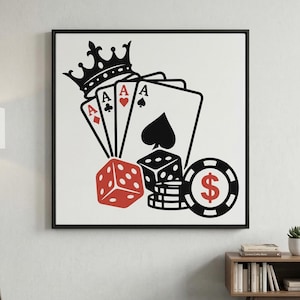 Puede incluir: Ilustración de temática de casino en negro y rojo, con cartas de juego con ases, una corona, dados, fichas de póquer y un símbolo de dólar. La obra de arte está enmarcada en un marco cuadrado negro.