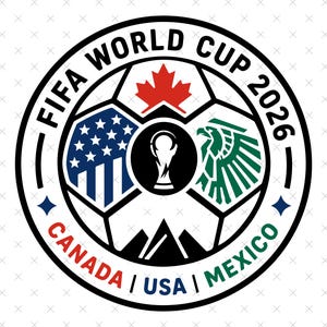 May include: Circular emblem for the FIFA World Cup 2026, featuring a soccer ball design. The emblem includes the flags of Canada, the USA, and Mexico, along with the FIFA World Cup trophy. The text "FIFA WORLD CUP 2026" and the names of the host countries are also included.