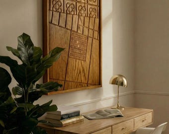 Large Geometric Wood Wall Art inspired by Barcelona Panot Tiles for Minimalist Interiors
