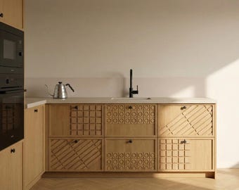 Custom Slatted Ikea Fronts with Diagonal Chevron Pattern for Mid Century Modern Cabinets