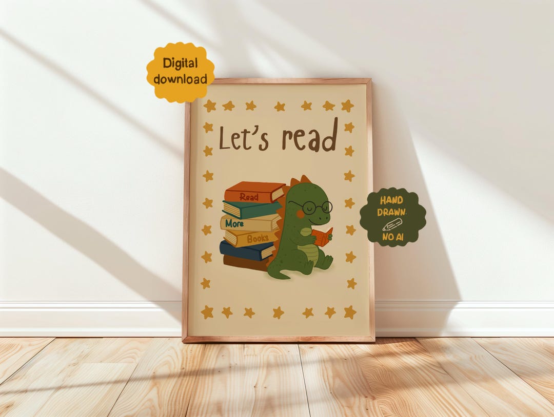 Lets Read Wall Art Printable, Kids Reading Poster, Dinosaur Nursery ...
